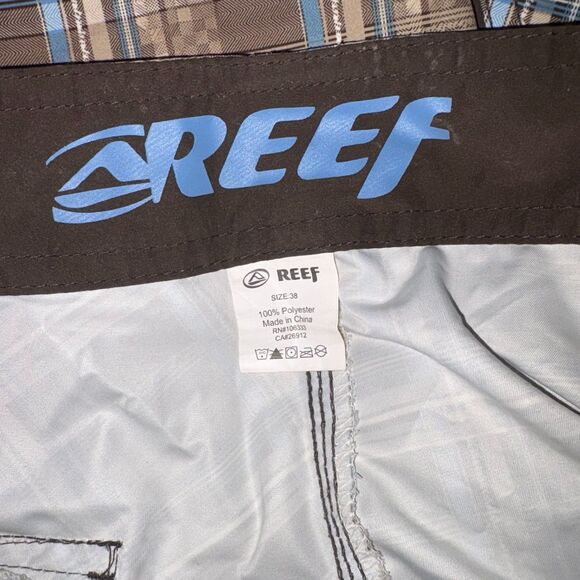Reef Men’s Board Shorts Sz 38 Brown Blue Plaid Swim Surf Trunks Beachwear - Picture 3 of 4